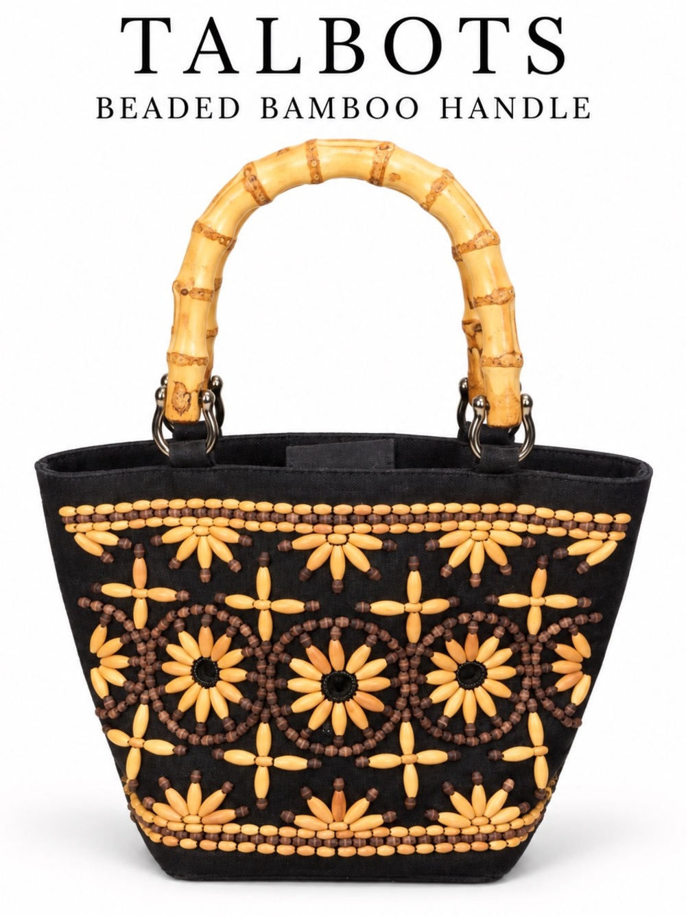 Talbots Black Linen Beaded Floral Bamboo Handle Handbag Boho